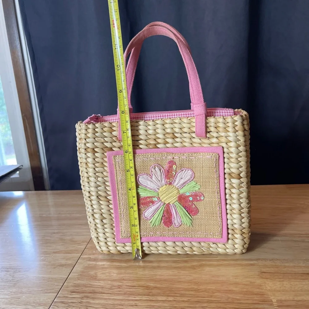 Woven Straw Daisy Tote Bag Pink Gingham Lining Sequin Floral Embroidery Small